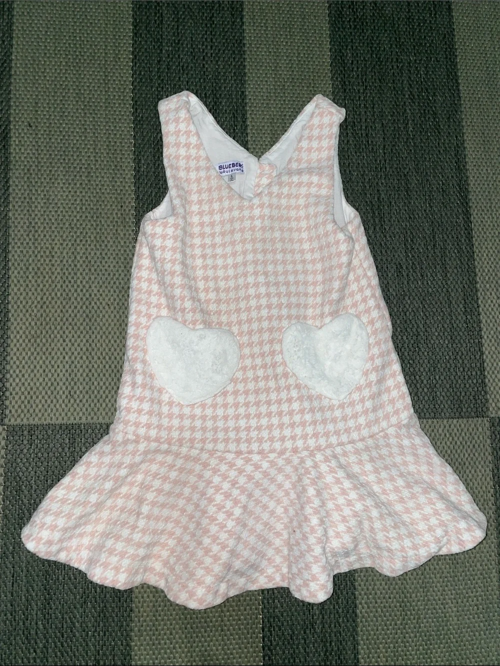 Blueberi Boulevard Pink Houndstooth Dress with White Heart Pockets